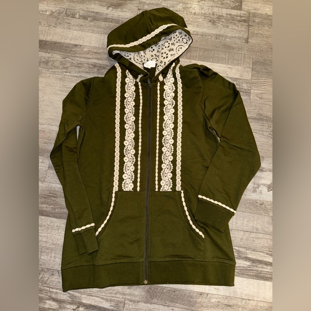 Boho Zip Up Hoodie Peekaboo Chic Embroidered Olive New